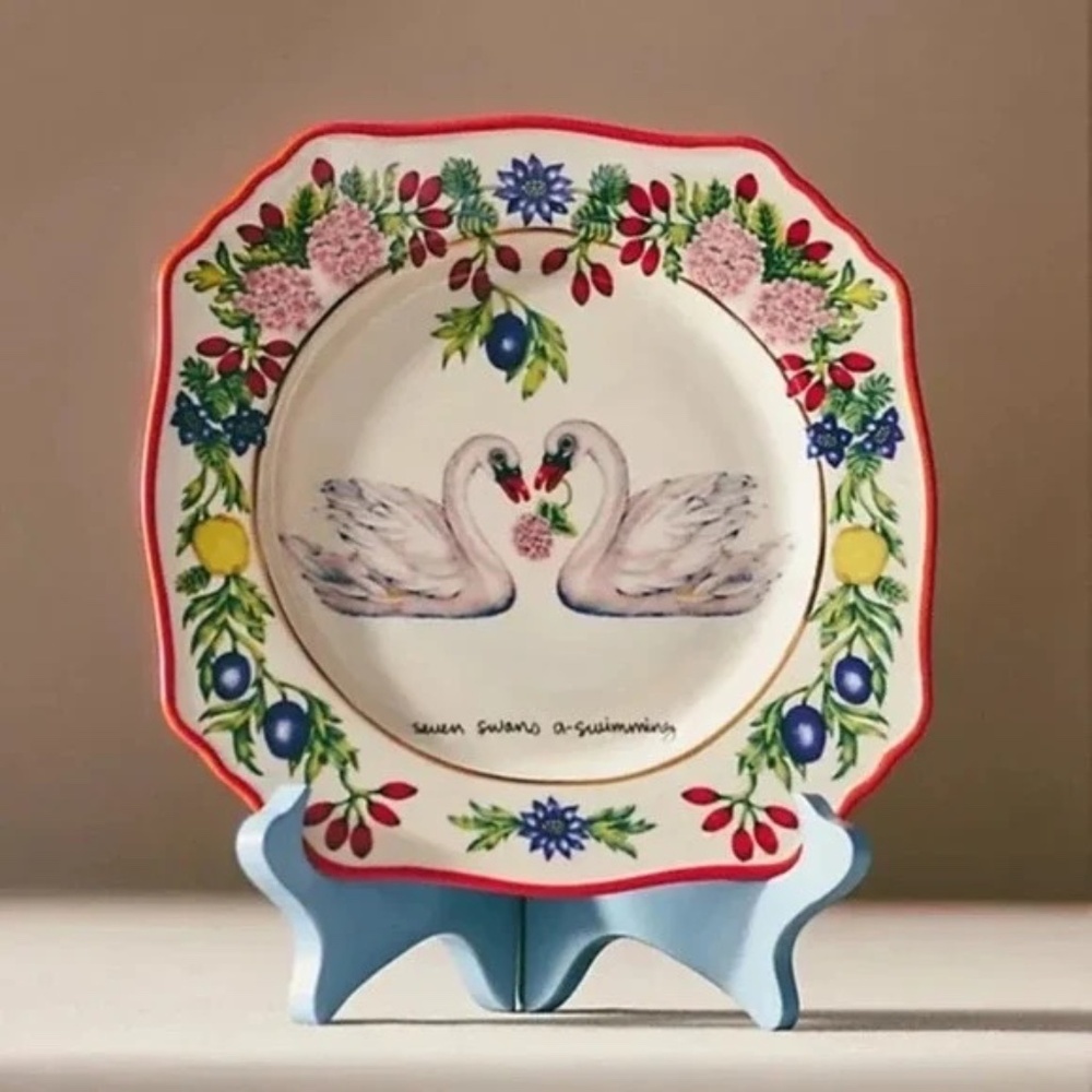 NWT Anthropologie Lou Rota 12 Days Christmas Swans Dessert Plate